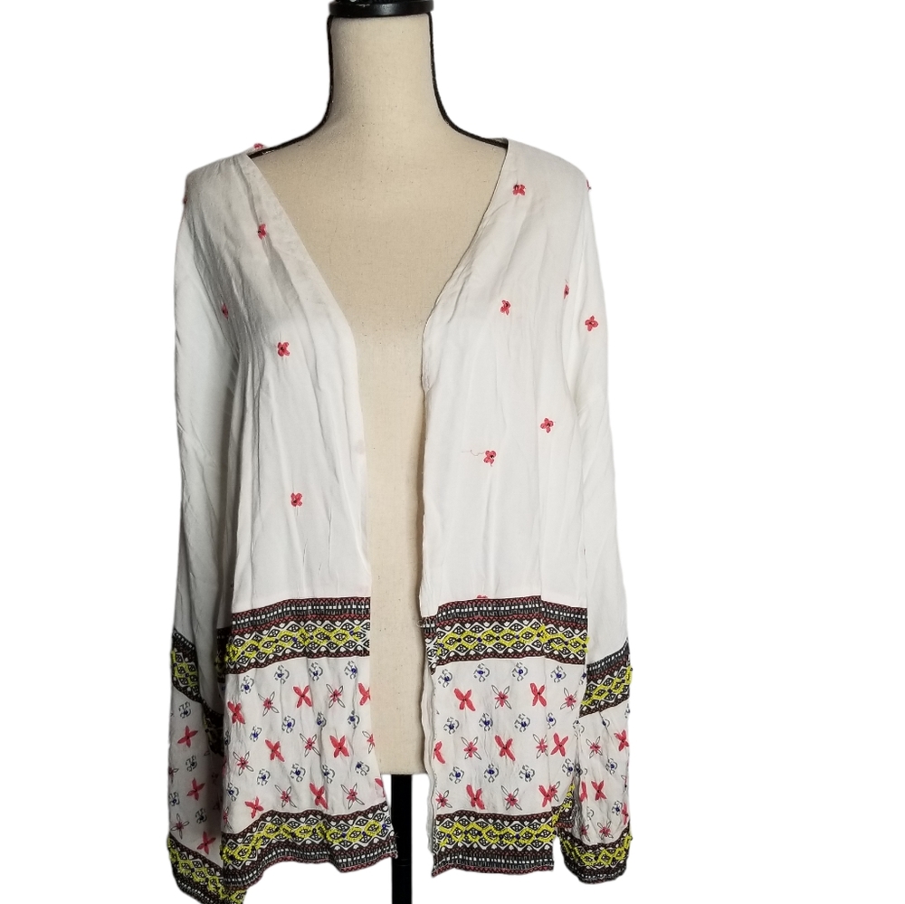 RD & Koko Women's Embroidered Beaded Floral Print Open Jacket Top bell slv Sz L